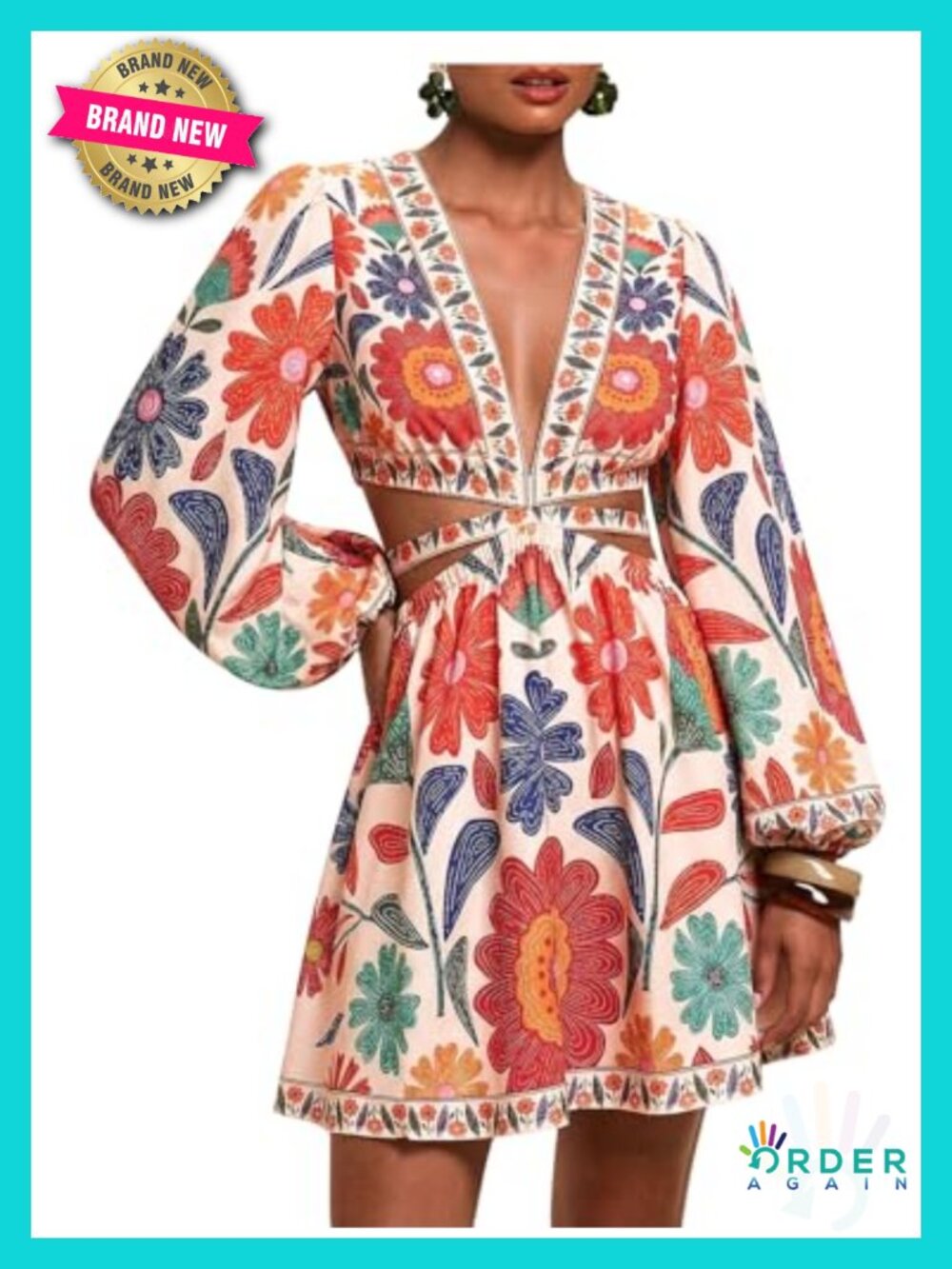 Women's Tropical Bishop Sleeve Mini Dress with Cut Out & Tie Back